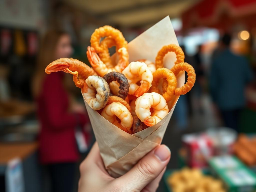 Paperitötterö täynnä friteerattuja pikkukaloja ja katkarapuja