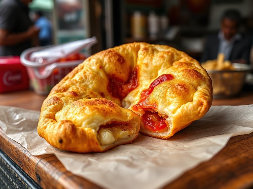 Friteerattu puolikuun muotoinen pizzatasku paperissa