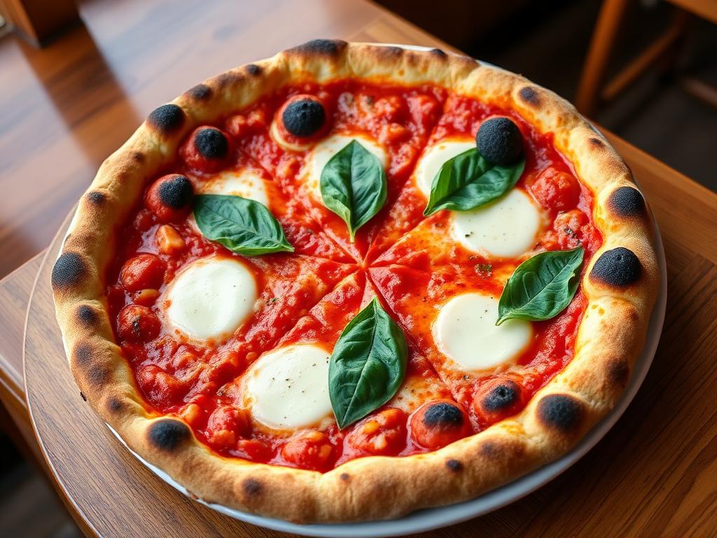 Napolilainen margheritapizza kuplivalla reunuksella ja basilikalla