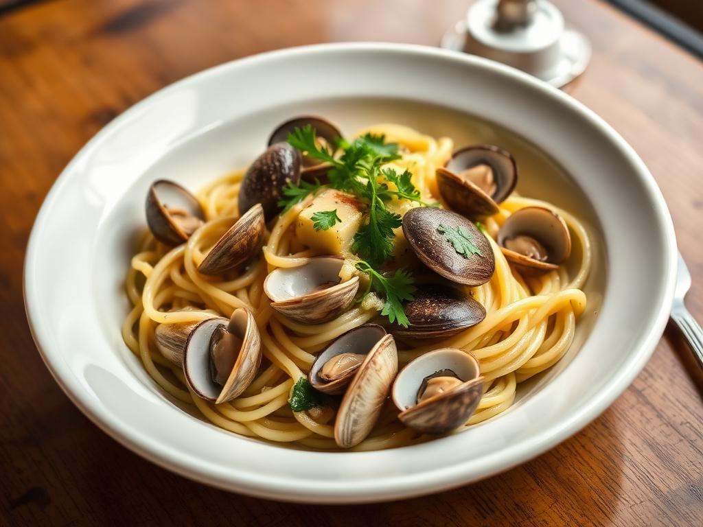 Spagettia simpukoiden, persiljan ja oliiviöljyn kera lautasella