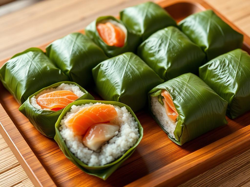 Vihreisiin lehtiin käärittyjä sushipaketteja puisella tarjottimella