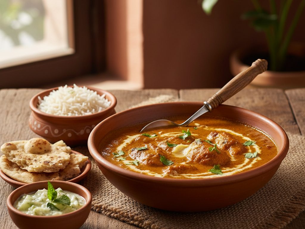 Voinen tomaattinen kanacurry kulhossa
