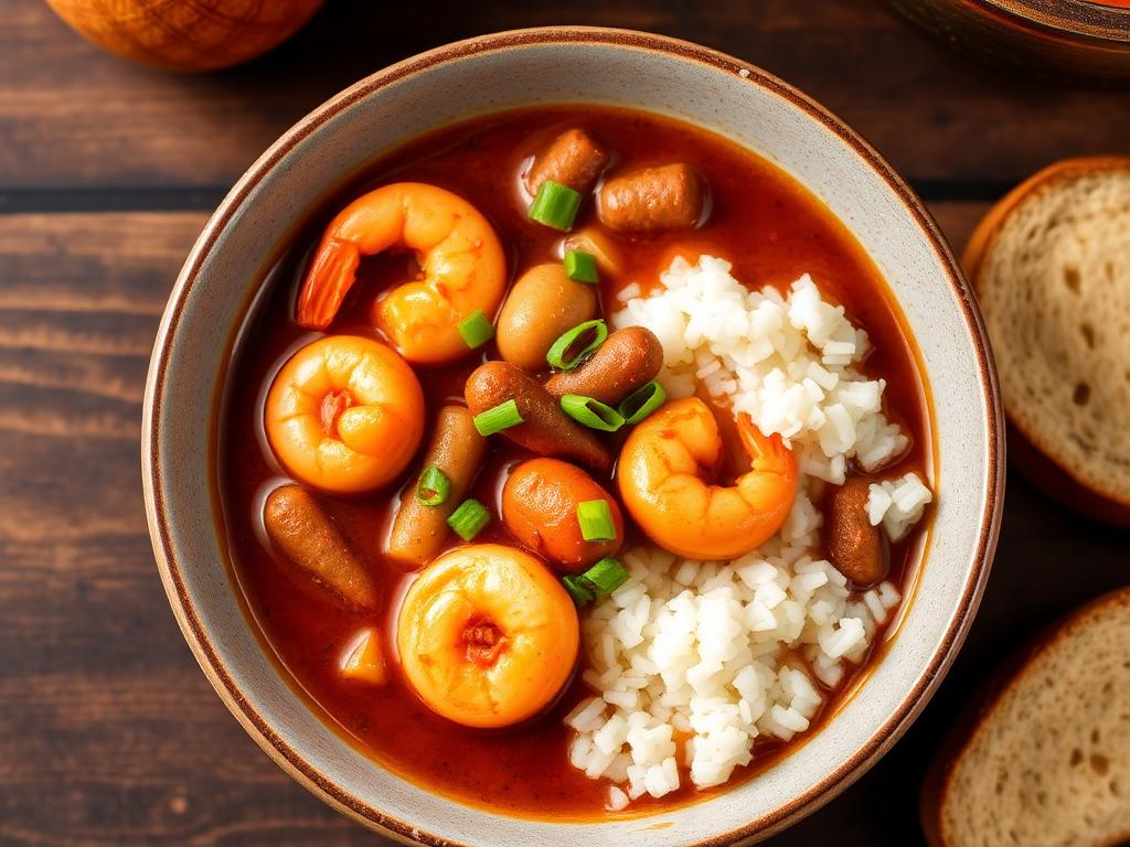 Tummaa paksua keittoa kulhossa riisikeon kanssa