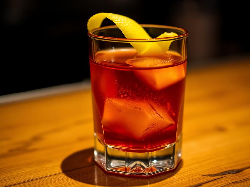 Meripihkanvärinen cocktail matalassa lasissa sitruunankuorella