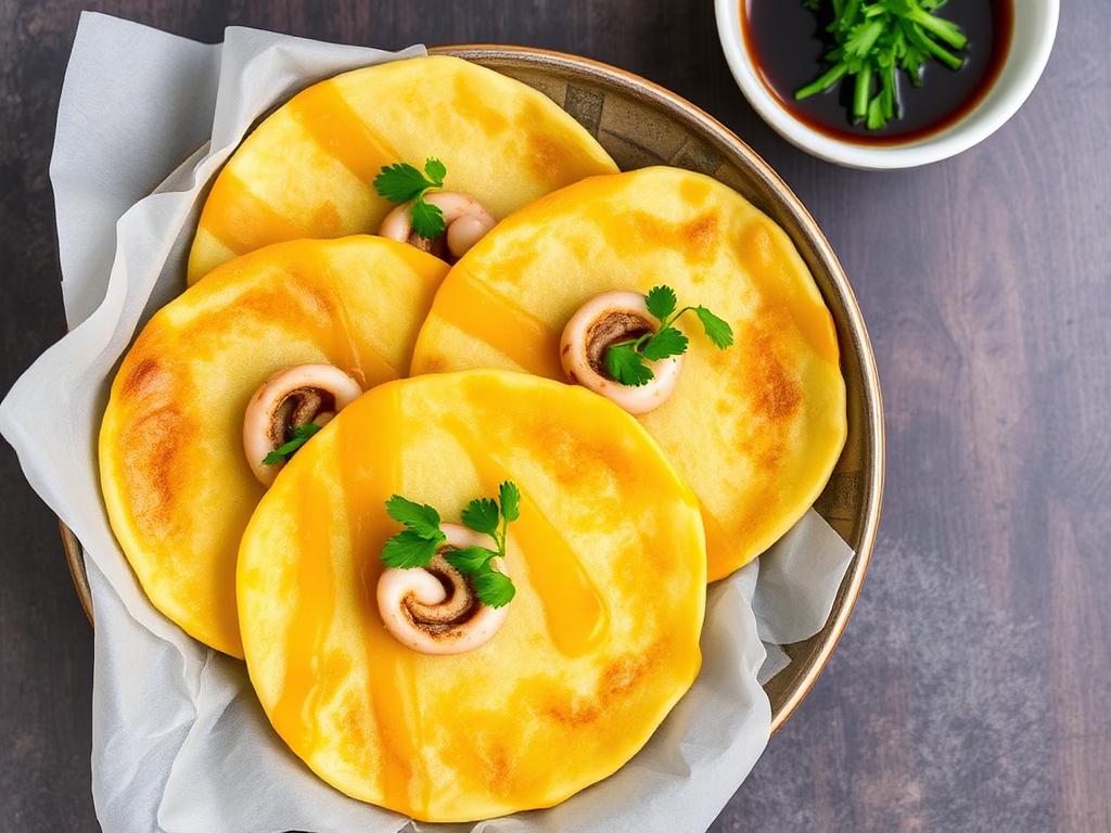 Pieniä rapeita keltaisia lettuja pikkukalmarien kanssa lautasella