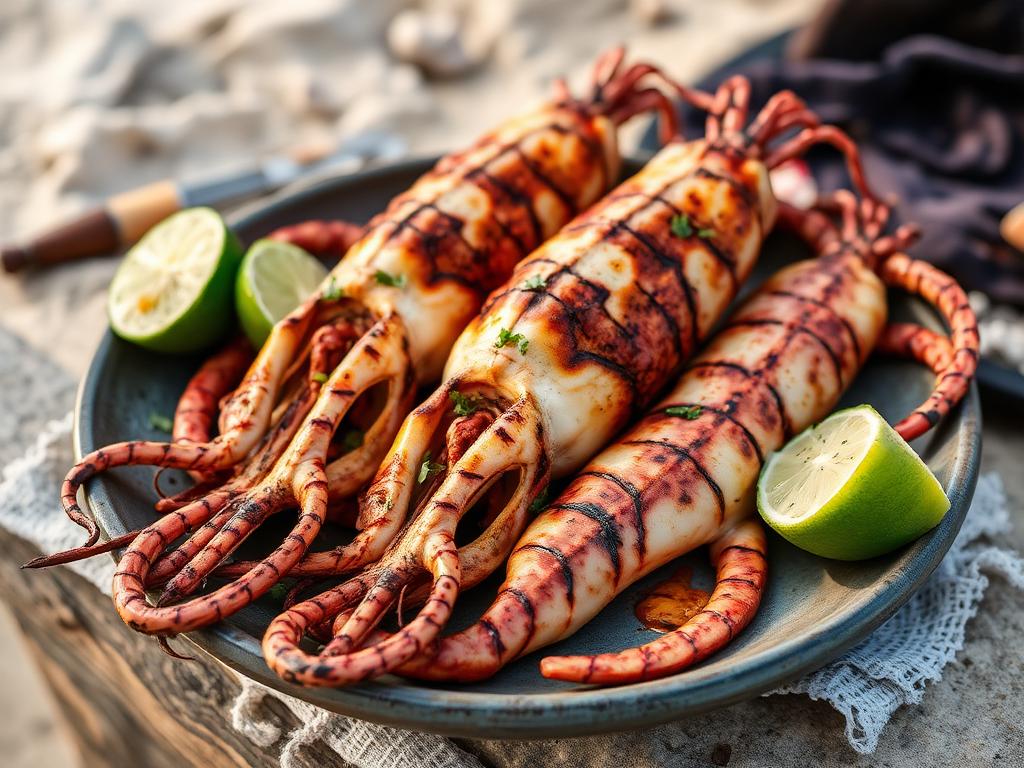 Grillattua kalmaria hiiligrillillä chilisuolakupin vieressä
