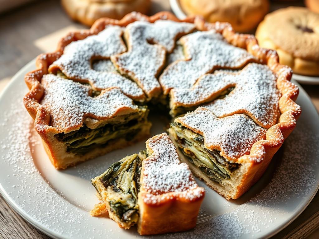 Tomusokeroitu piirakka viipaloituna leipomon tiskillä