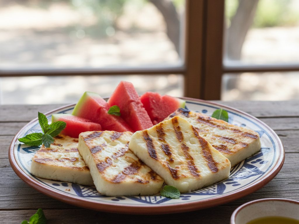 Grillattua halloumijuustoa vesimelonin kera lautasella