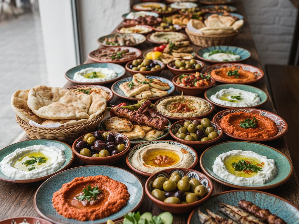 Pöytä täynnä pieniä meze-lautasia