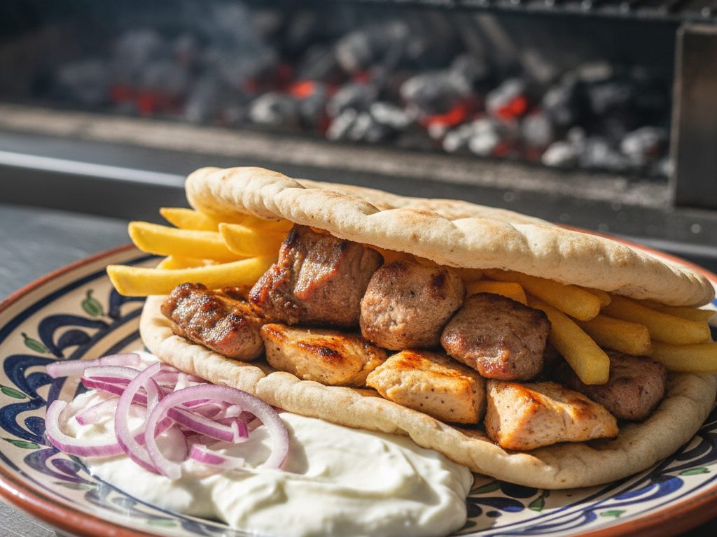 Pitaleipä täytettynä grillilihalla ja tzatzikilla
