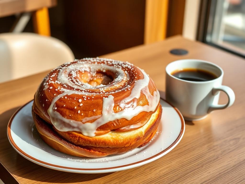Suuri pyöreä kanelipulla lautasella kahvikupin vieressä