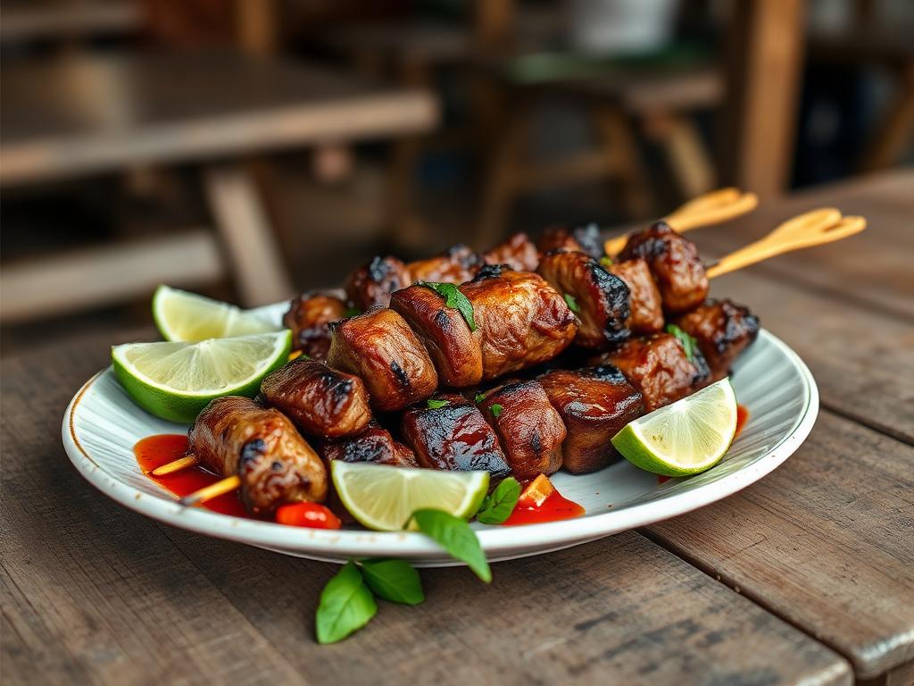 Grillattuja lihavartaita hiilillä chilitahnan vieressä