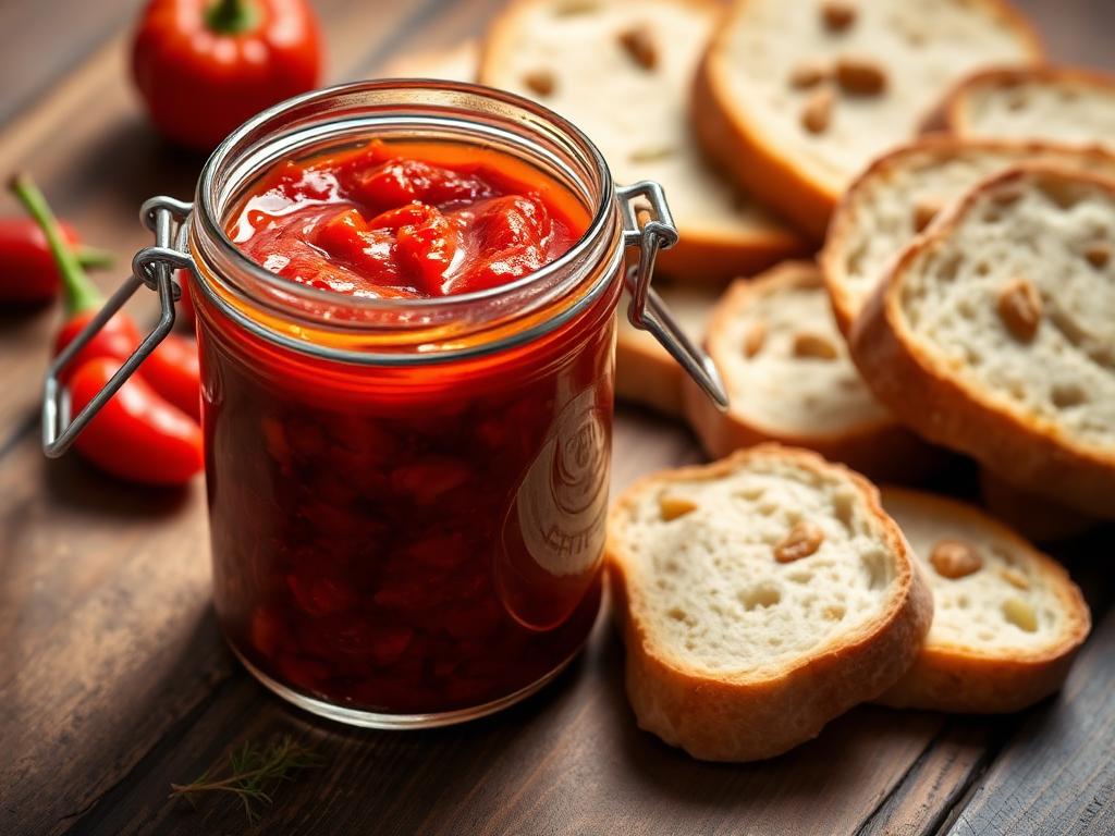 Punaista paprikatahnaa lasipurkissa leipäviipaleiden vieressä