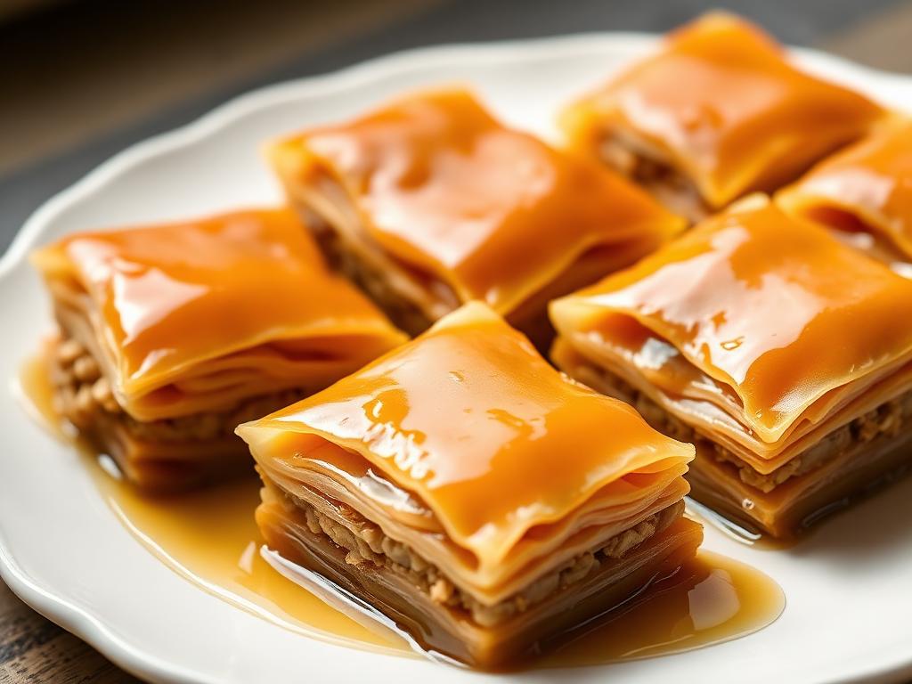 Siirapissa kiiltäviä pähkinätäytteisiä filoleivoksia lautasella
