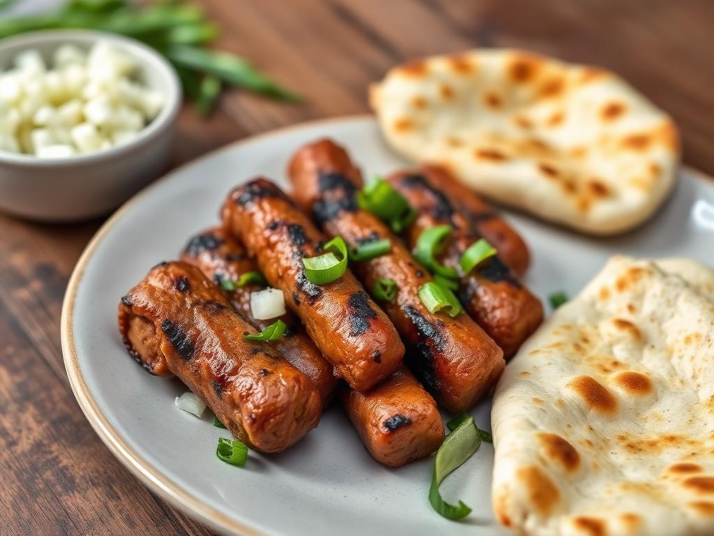 Pieniä grillattuja jauhelihatankoja lautasella sipulin kanssa