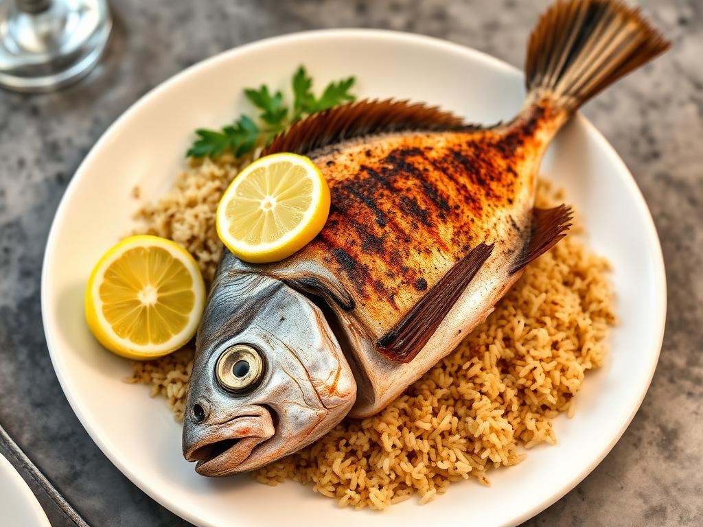 Kokonainen grillattu kala keltaisen sitruunariisin päällä