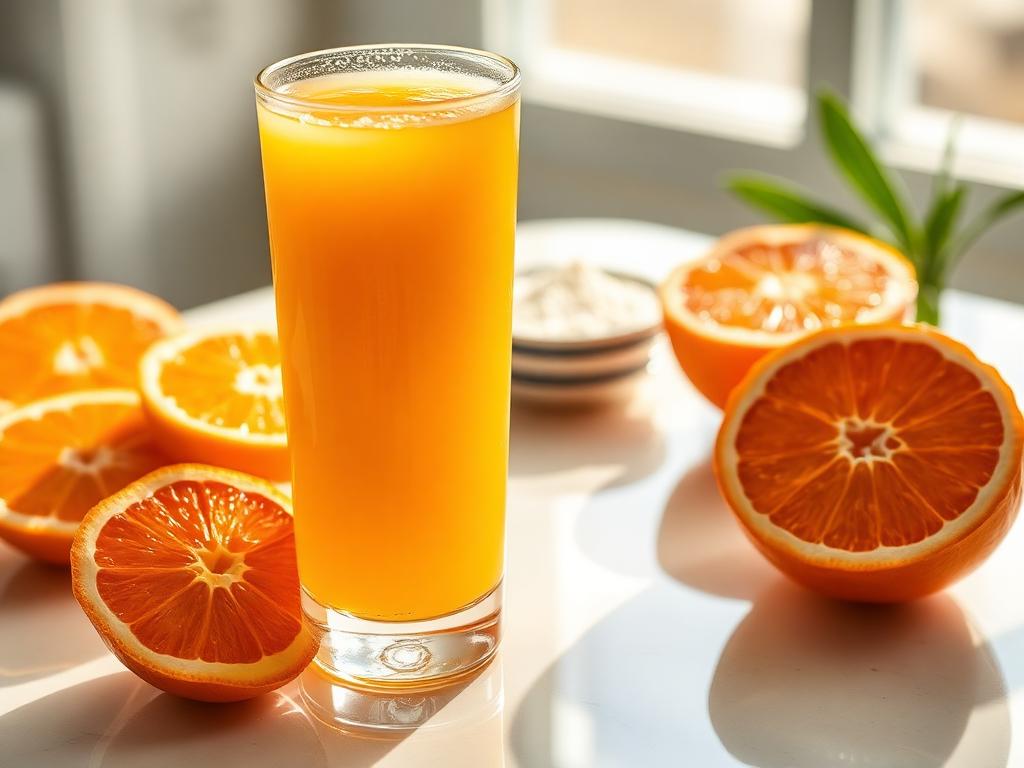 Lasillinen tuoretta appelsiinimehua appelsiinilohkojen vieressä