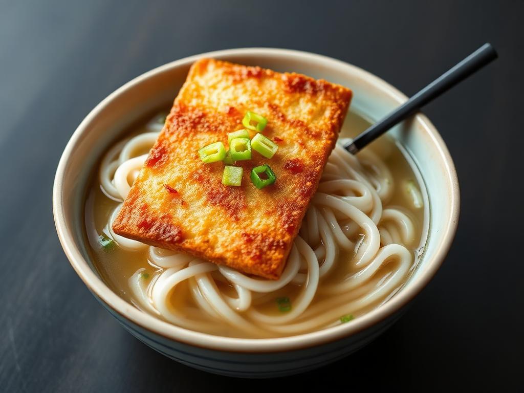 Paksuja udon-nuudeleita kirkkaassa liemessä tofulevyn kera