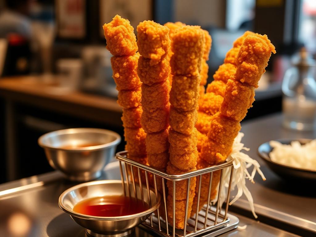 Leivitettyjä friteerattuja vartaita metallitelineessä