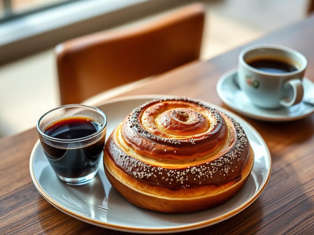Iso pyöreä kanelipulla kahvikupin vieressä