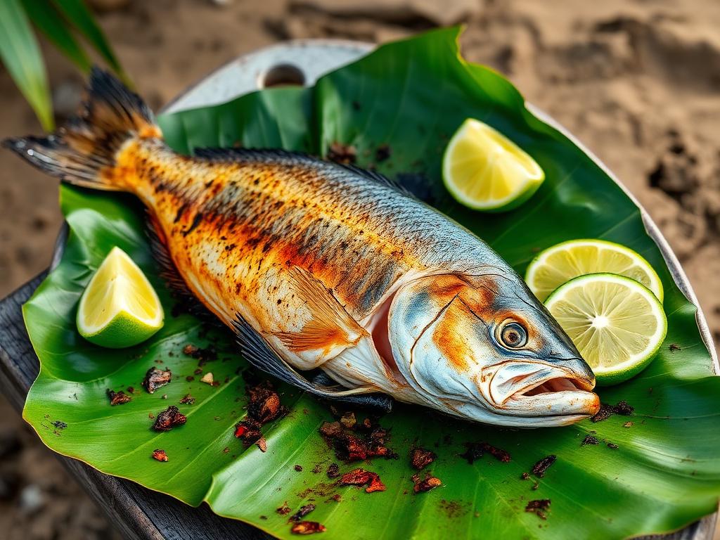 Kokonainen grillattu kala banaaninlehdellä limeviipaleiden kanssa