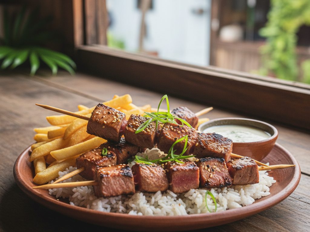 Grillattuja tonnikalavartaita riisin vieressä