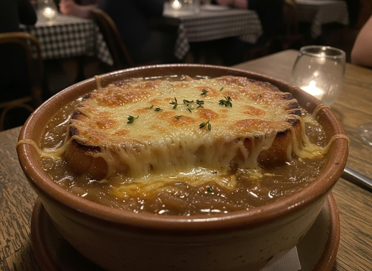 Soupe à l'oignon - sipulikeitto juustokuorrutuksella