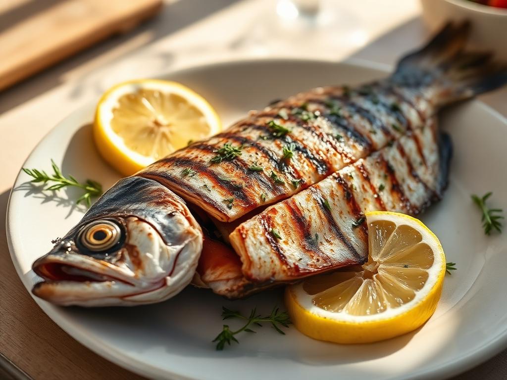 Grillattu avattu makrilli lautasella sitruunan kanssa