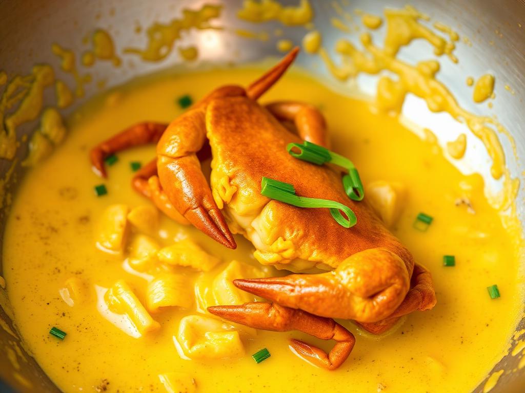 Taskuravun paloja keltaisessa curry ja munakastikkeessa pannulla