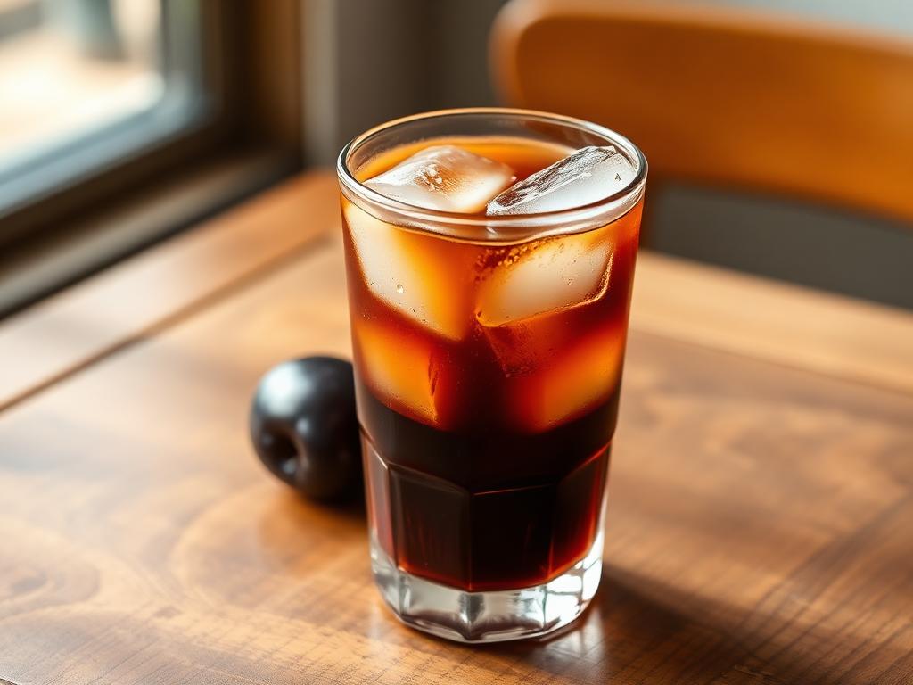 Tummanruskeaa jäähdytettyä juomaa lasissa jään kera