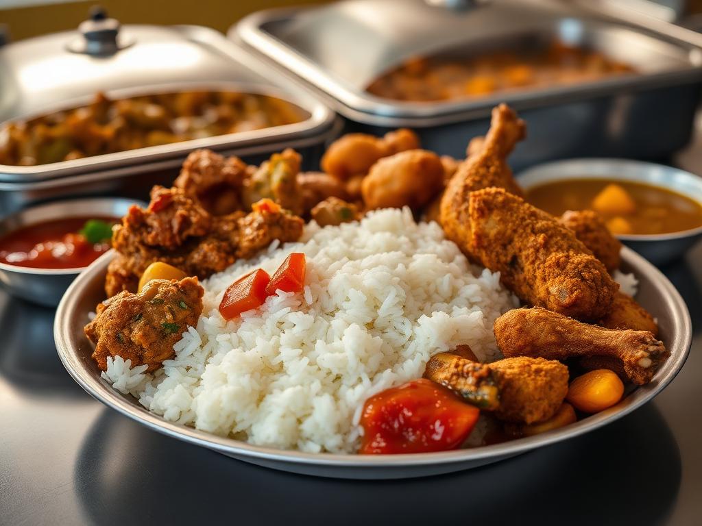 Riisiannos useiden curryjen ja paistetun kanan kanssa lautasella