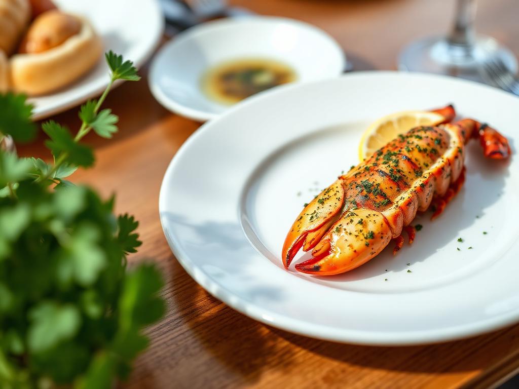 Grillattuja rapupuolikkaita lautasella voikastikkeen kanssa