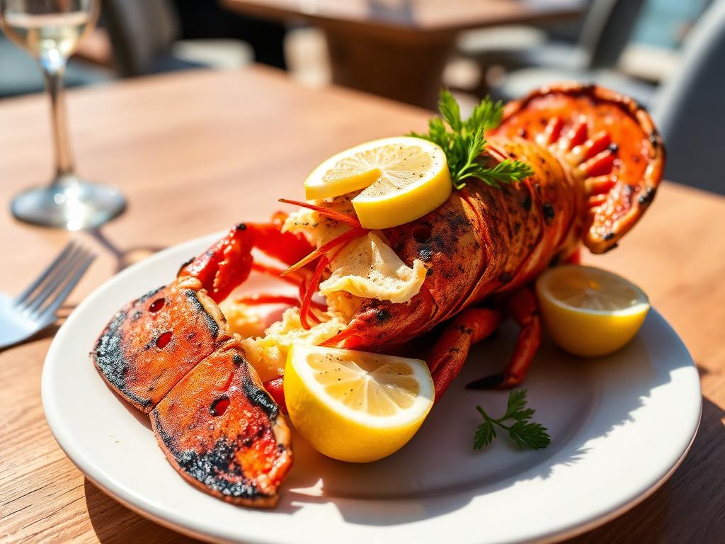 Halkaistu grillattu hummeri lautasella sitruunan kanssa