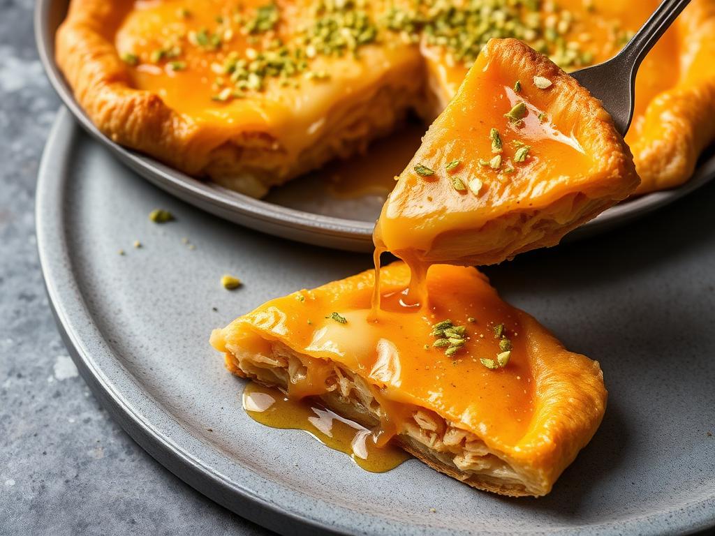 Oranssi juustoleivos siirapissa pistaasiraasteen kanssa lautasella