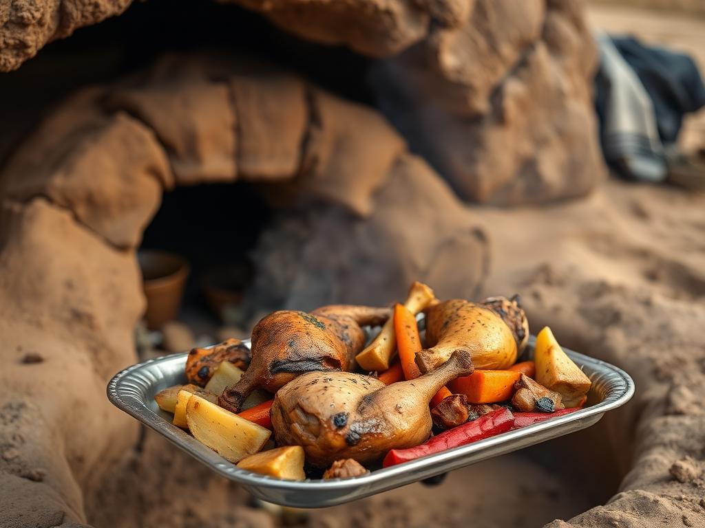 Savuista lihaa ja juureksia metallivadilla maakuopan vierellä