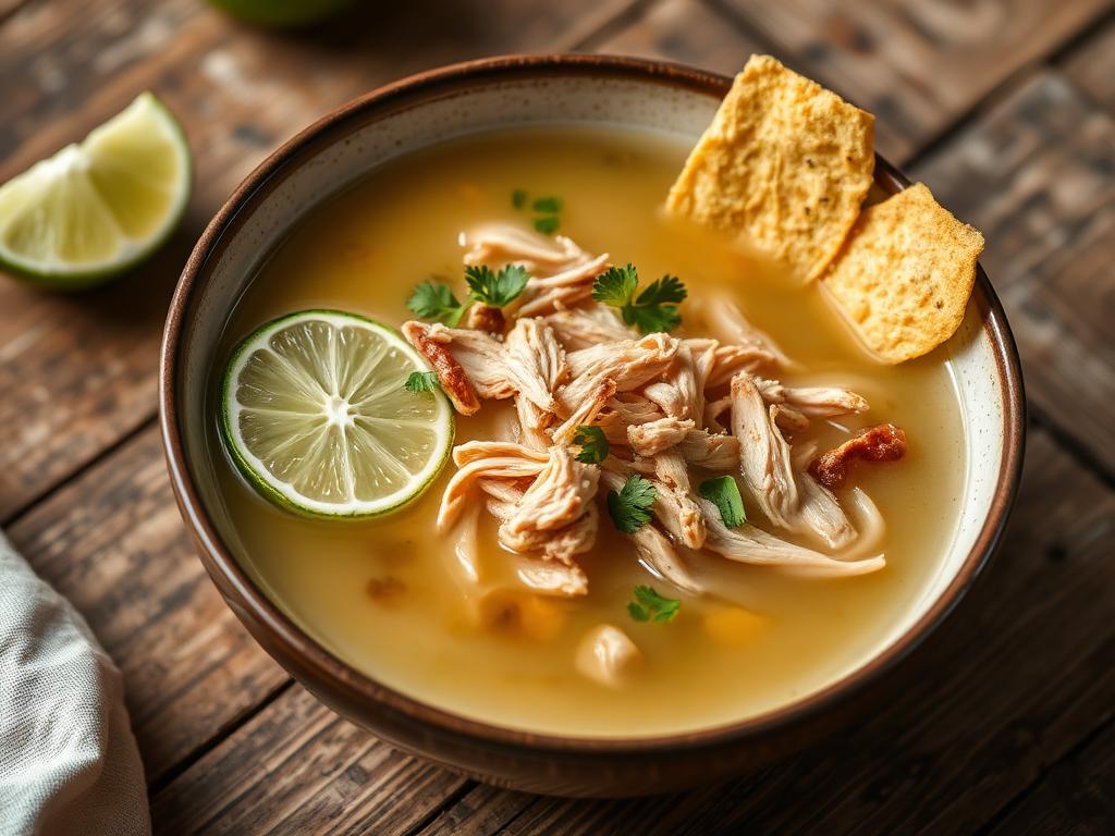 Kirkas kanakeitto limeviipaleen ja rapeiden tortillasuikaleiden kanssa