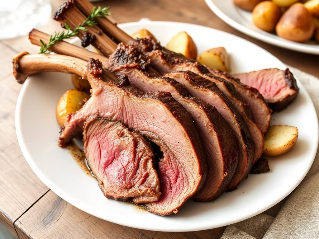 Paloiteltua paistettua karitsanlihaa lautasella perunoiden kanssa
