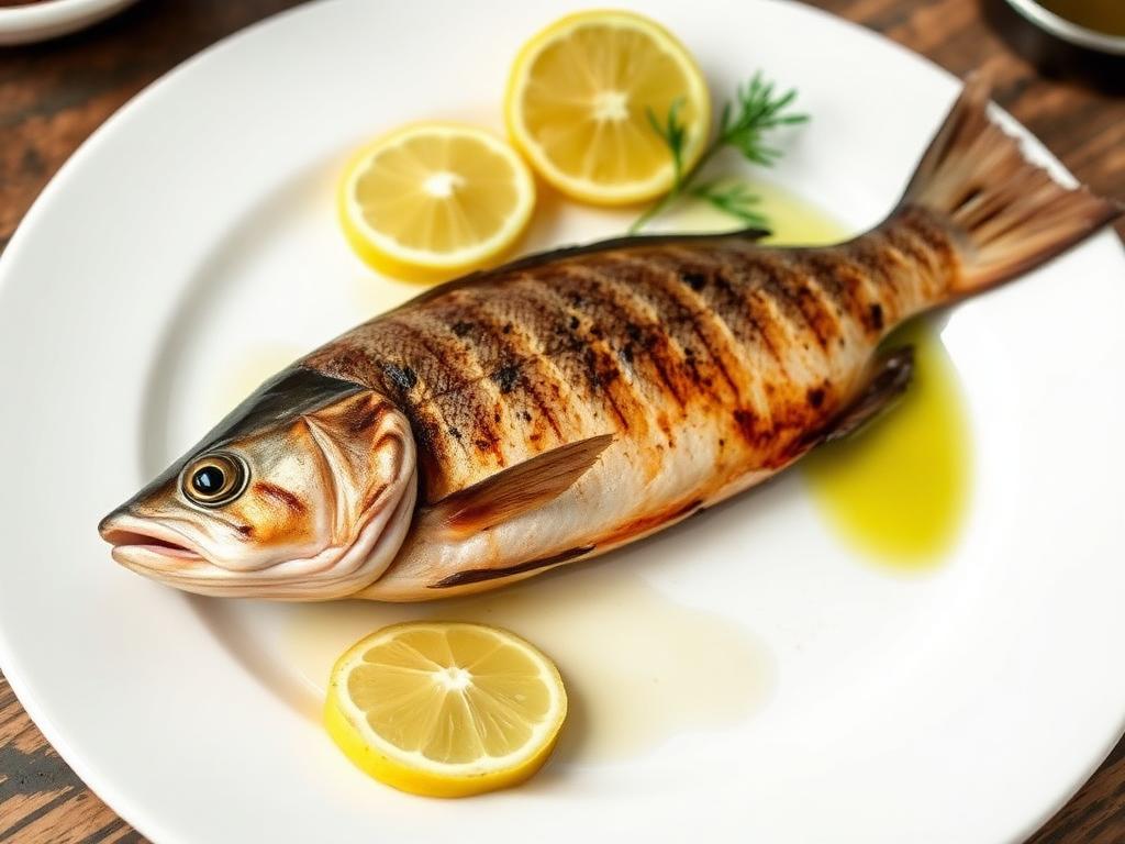 Grillattu taimen lautasella sitruunalohkojen kanssa