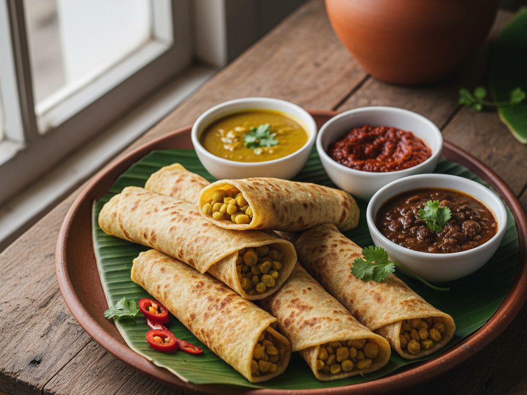 Rullattu lättyleipä herneillä ja chilikastikkeella