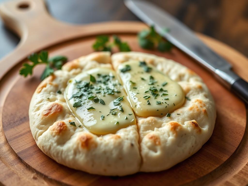 Pyöreä litteä leipä halkaistuna sulavan valkosipulivoin kanssa