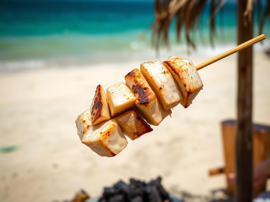 Grillattuja kalapaloja puutikussa rannalla