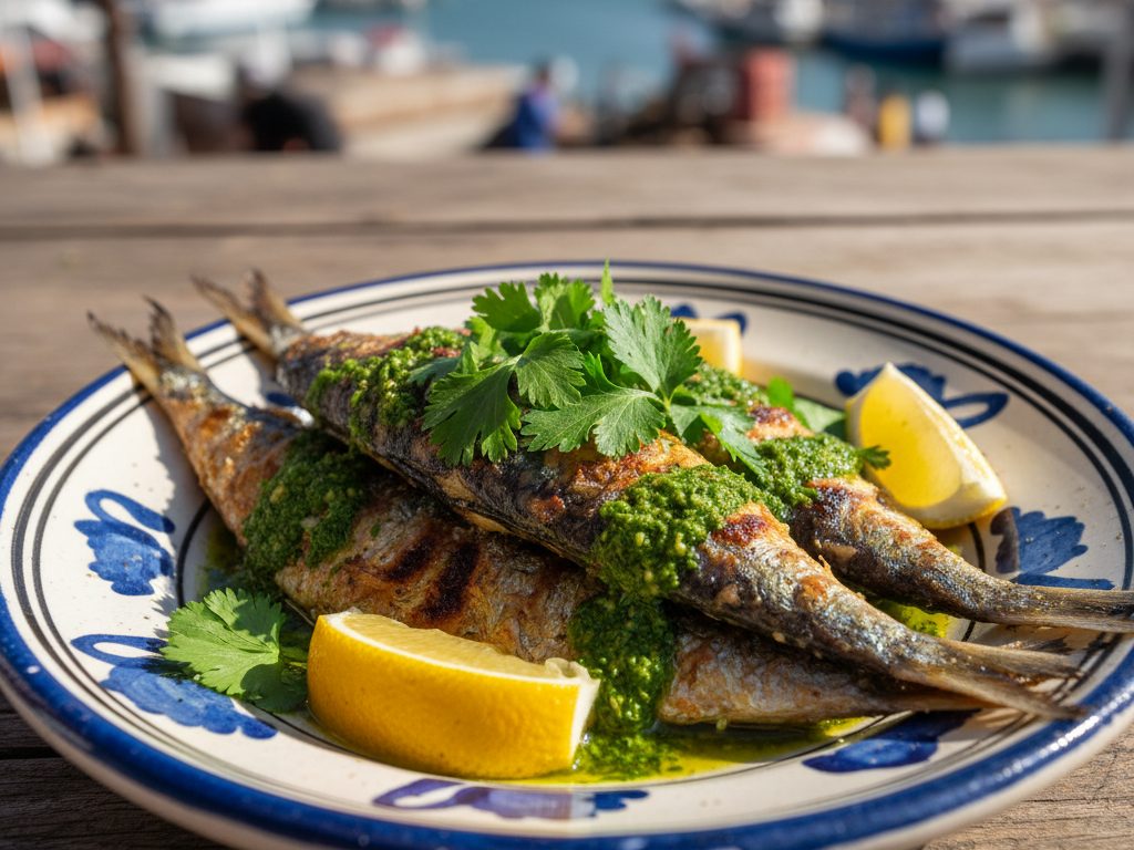 Grillattuja sardiineja sitruunalohkojen kanssa