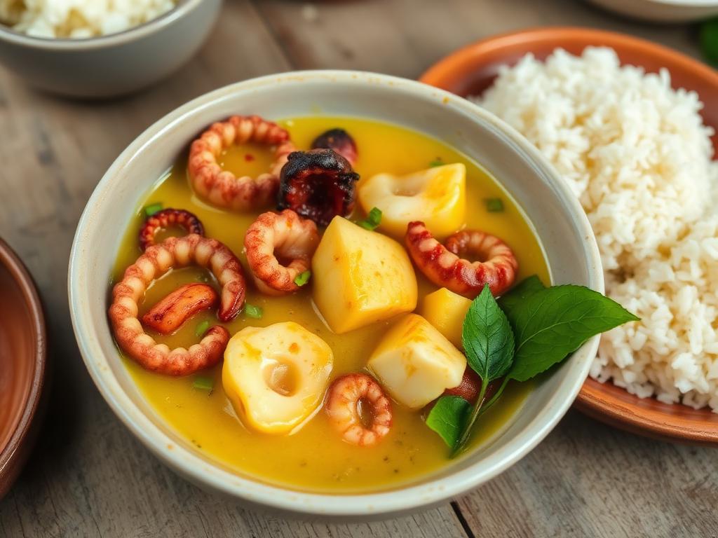 Mustekalapaloja keltaisessa curryssa riisin vieressä