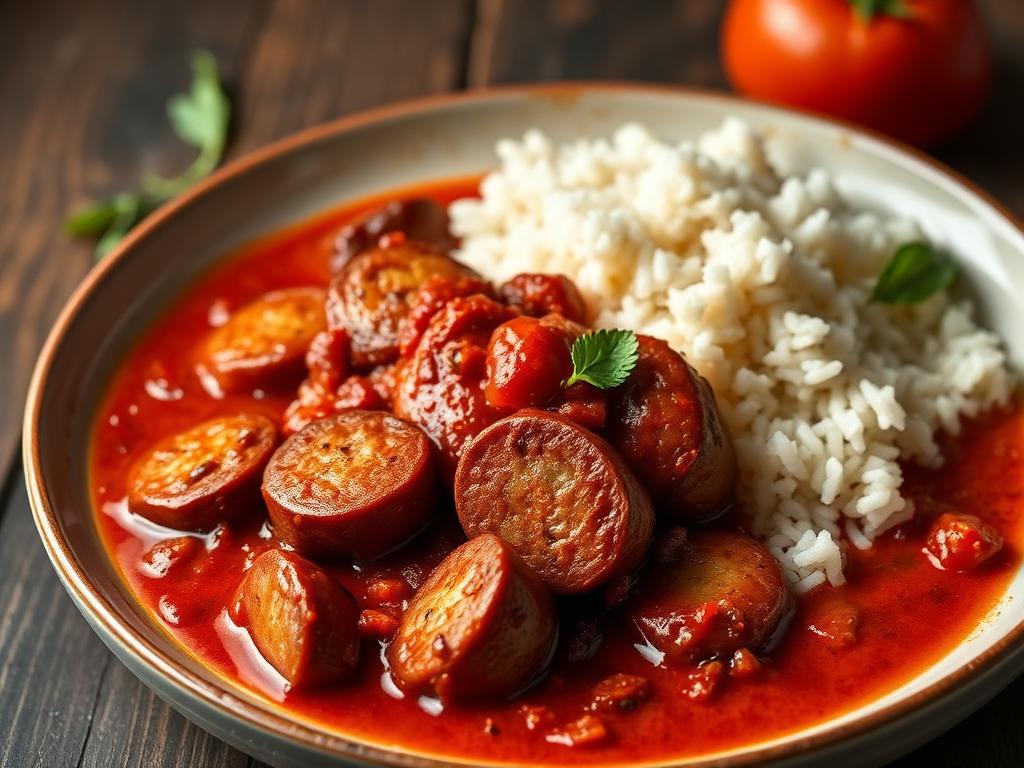 Makkarapaloja punaisessa tomaattikastikkeessa riisin kanssa