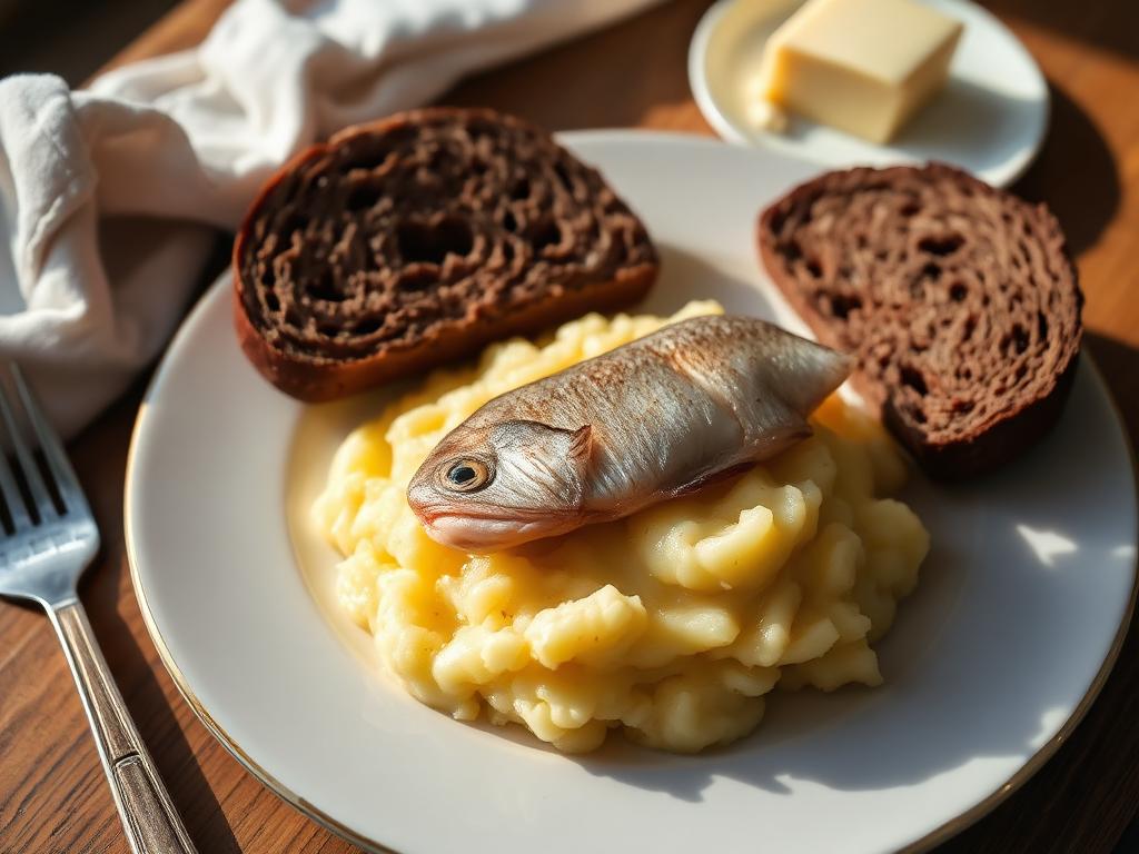 Kala-perunamuhennosta lautasella tumman leivän kanssa