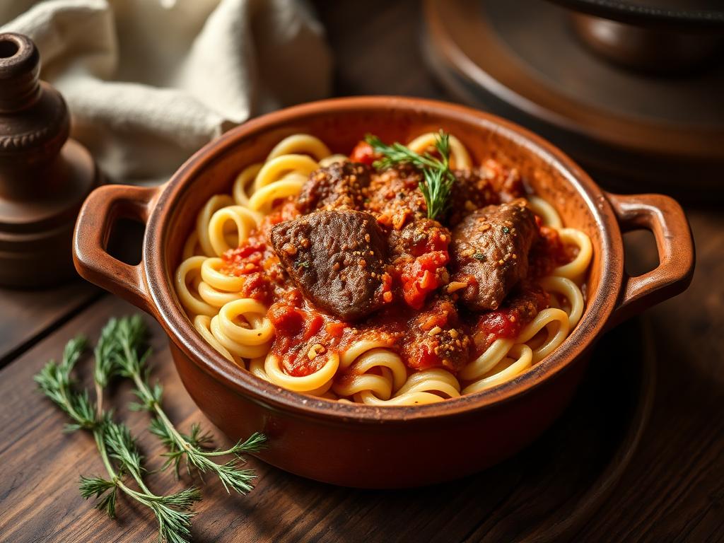 Orzo-pastaa ja lihaa tomaattikastikkeessa savivadissa