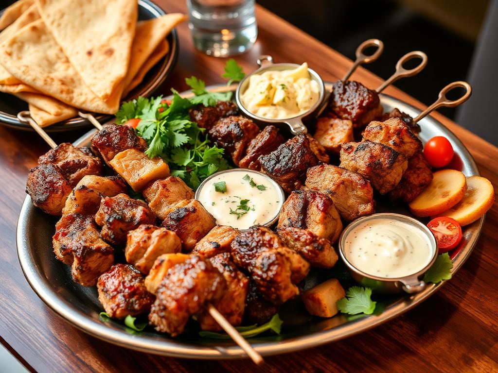 Grillattuja lihavartaita lautasella salaatin kanssa
