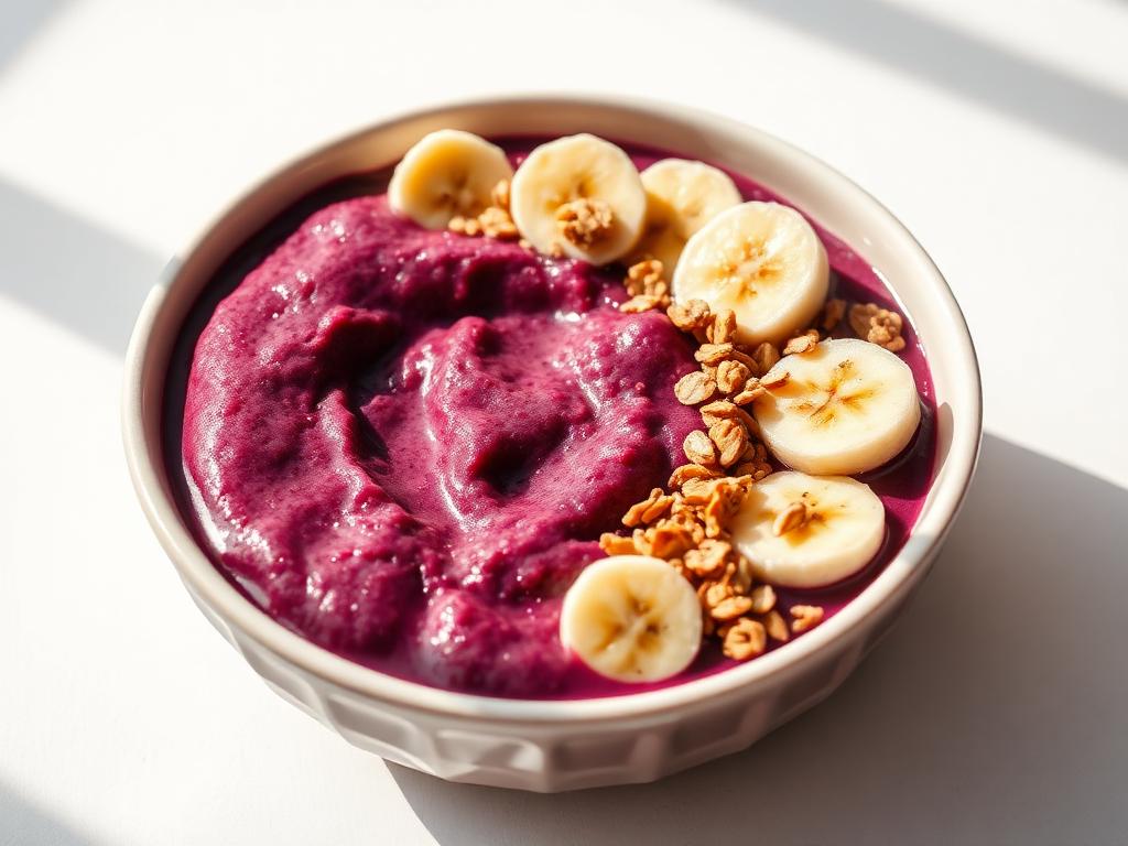 Tummanvioletti marjasosekulho banaanin ja granolan kanssa