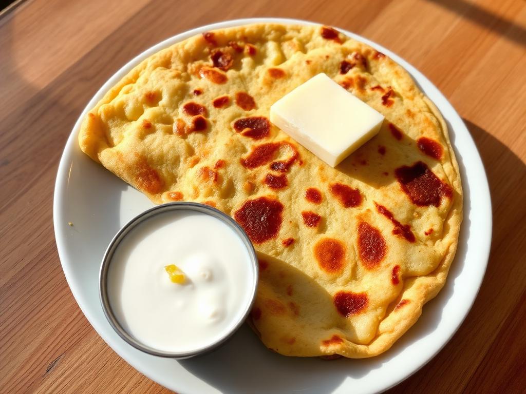 Paistettu litteä täytetty leipä jogurtin ja pikkelssin kanssa
