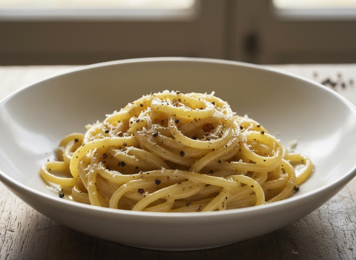 Cacio e pepe -pasta mustapippurilla